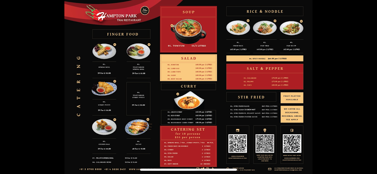 Menu, Hampton Park Halal Thai Restaurant