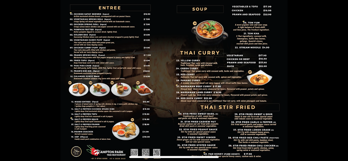 Menu, Hampton Park Halal Thai Restaurant