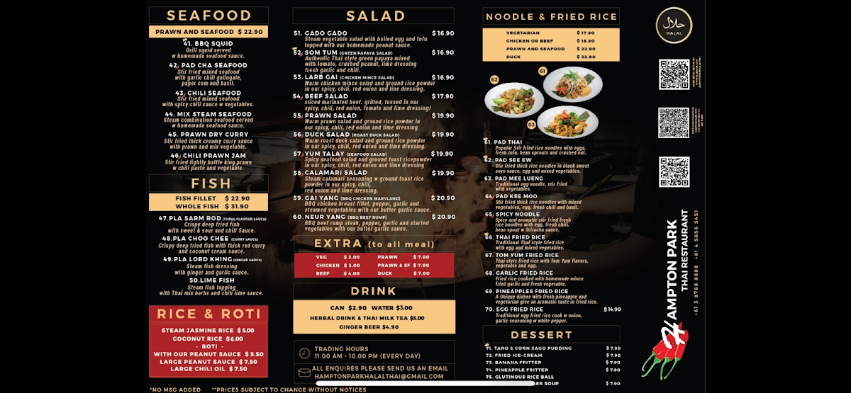 Menu, Hampton Park Halal Thai Restaurant