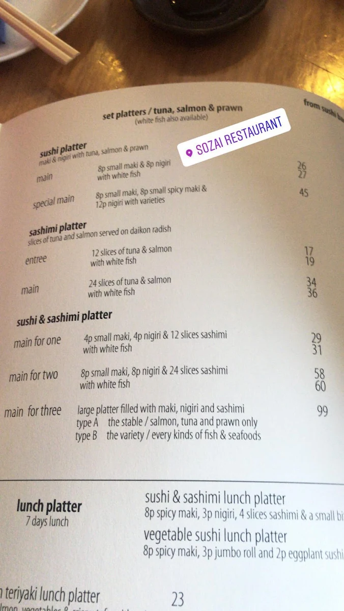 Menu, Sozai Restaurant