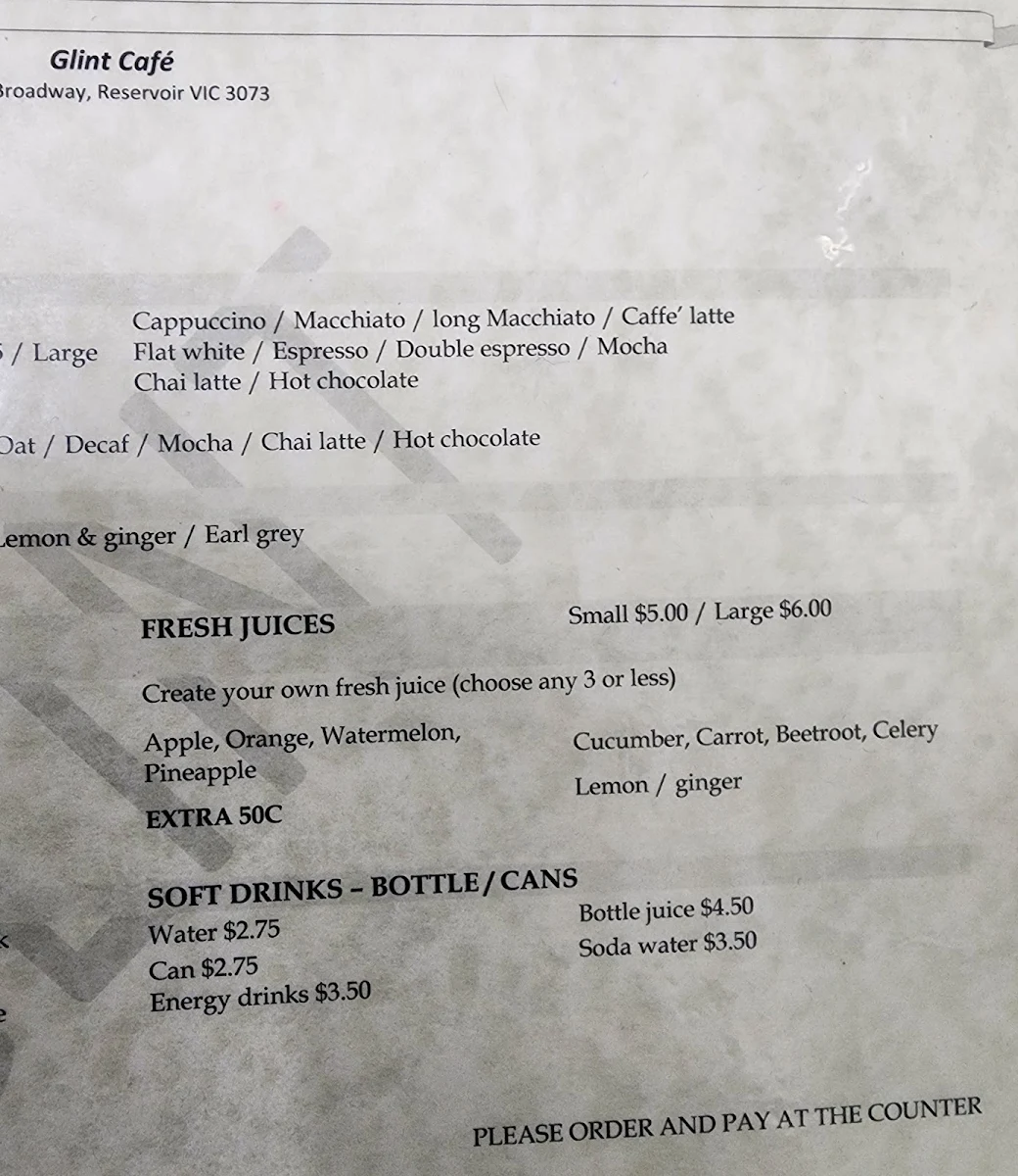 Menu, Glint Café