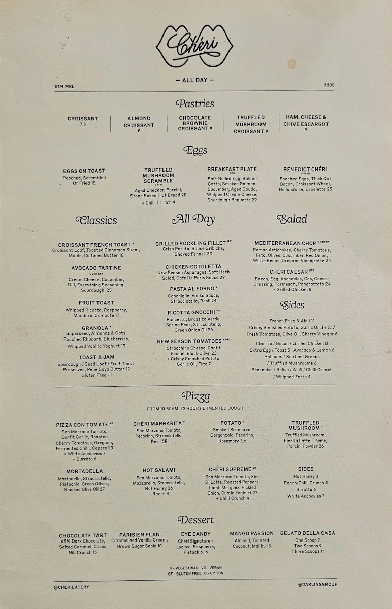 Menu, Chéri