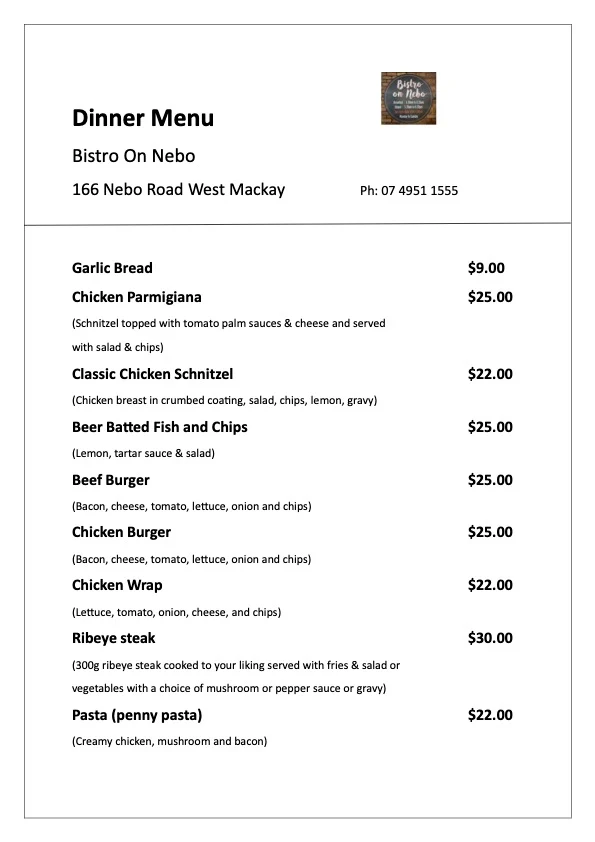 Menu, Bistro On Nebo