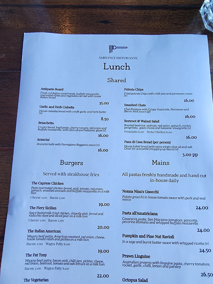 Menu, Ambiance Ristorante