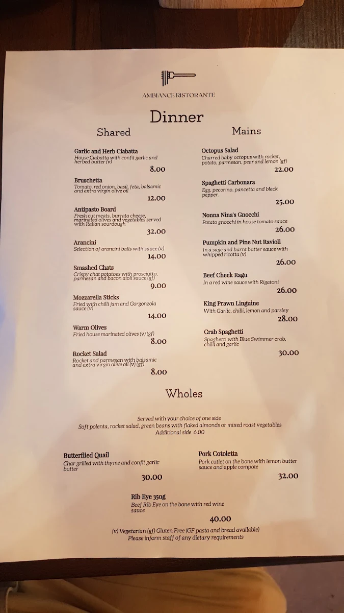 Menu, Ambiance Ristorante