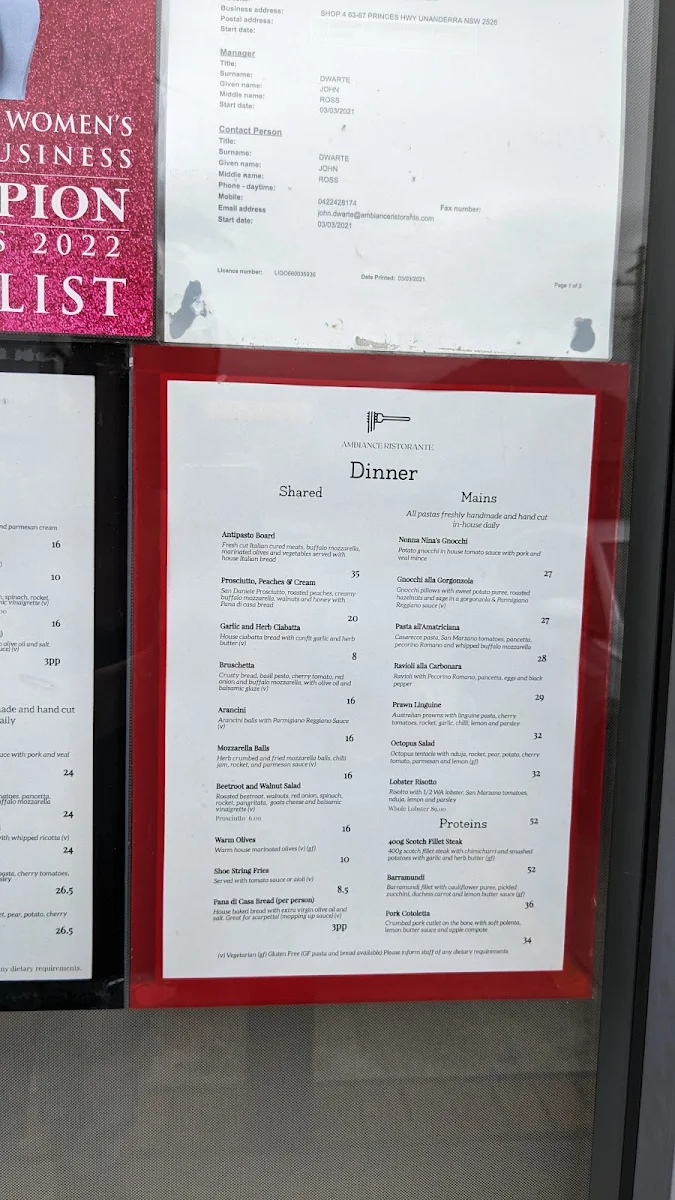 Menu, Ambiance Ristorante