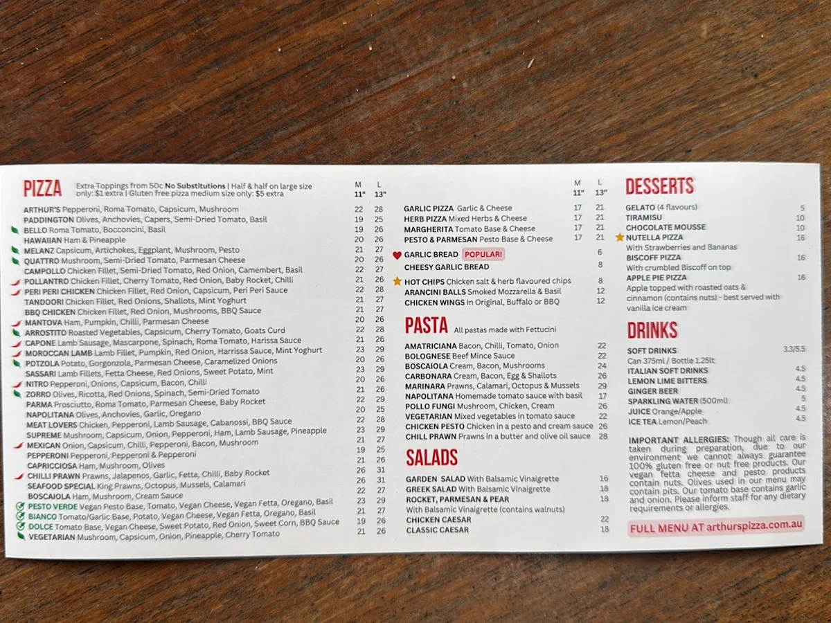 Menu, Arthur's Pizza - West Ryde