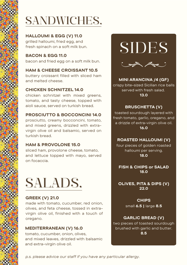 Menu, ARANCINA 13TH