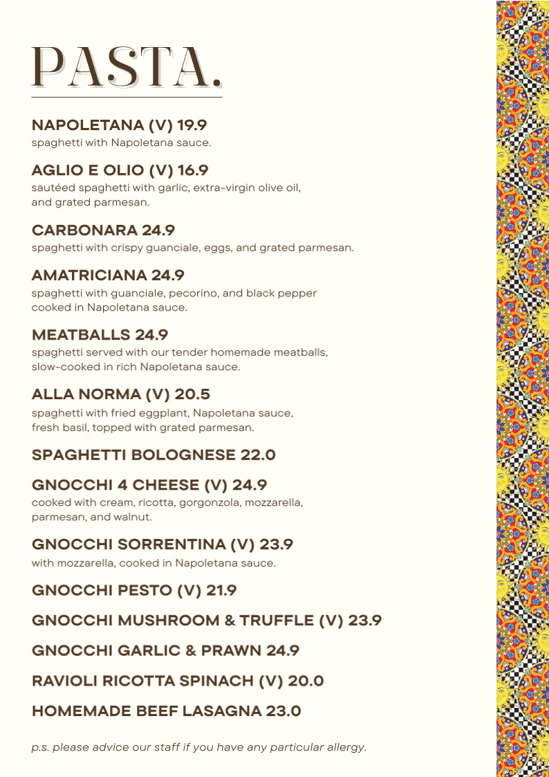 Menu, ARANCINA 13TH