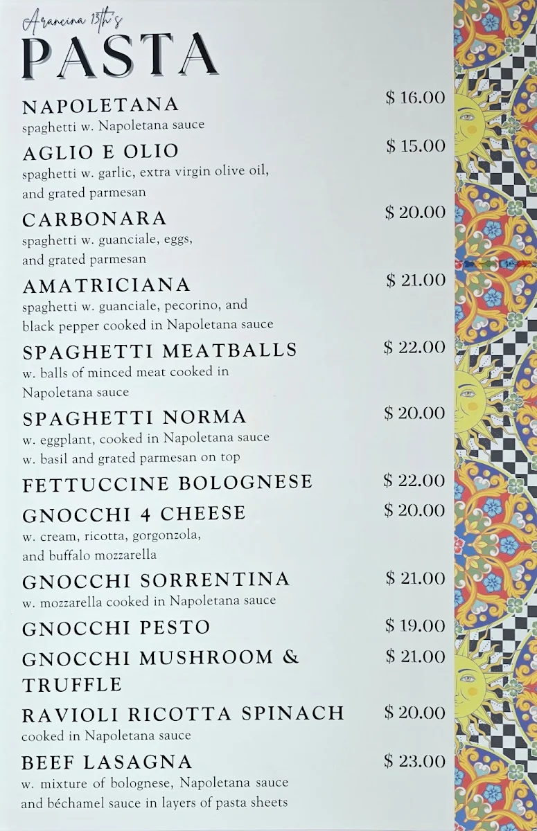 Menu, ARANCINA 13TH