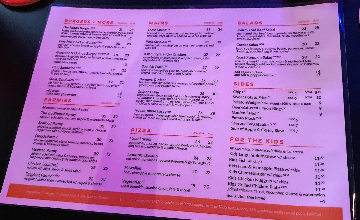 Menu, The Paddo