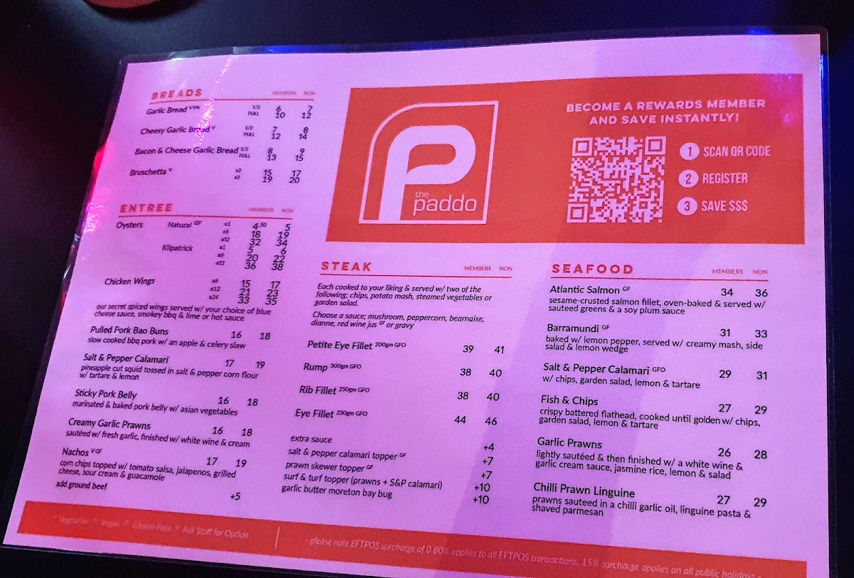 Menu, The Paddo