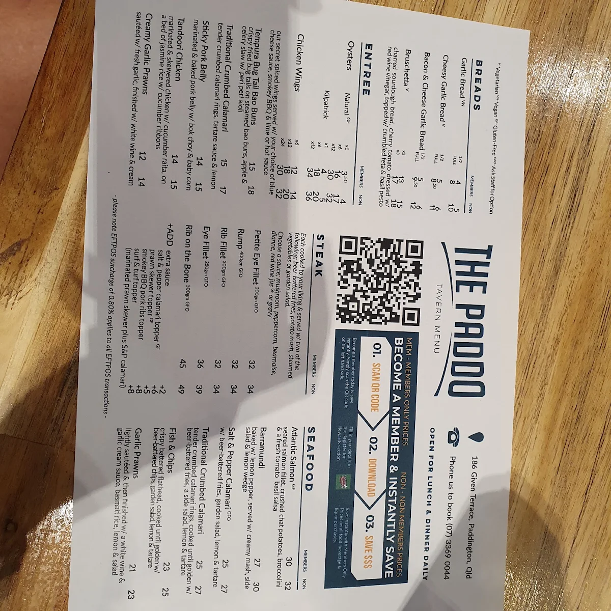 Menu, The Paddo