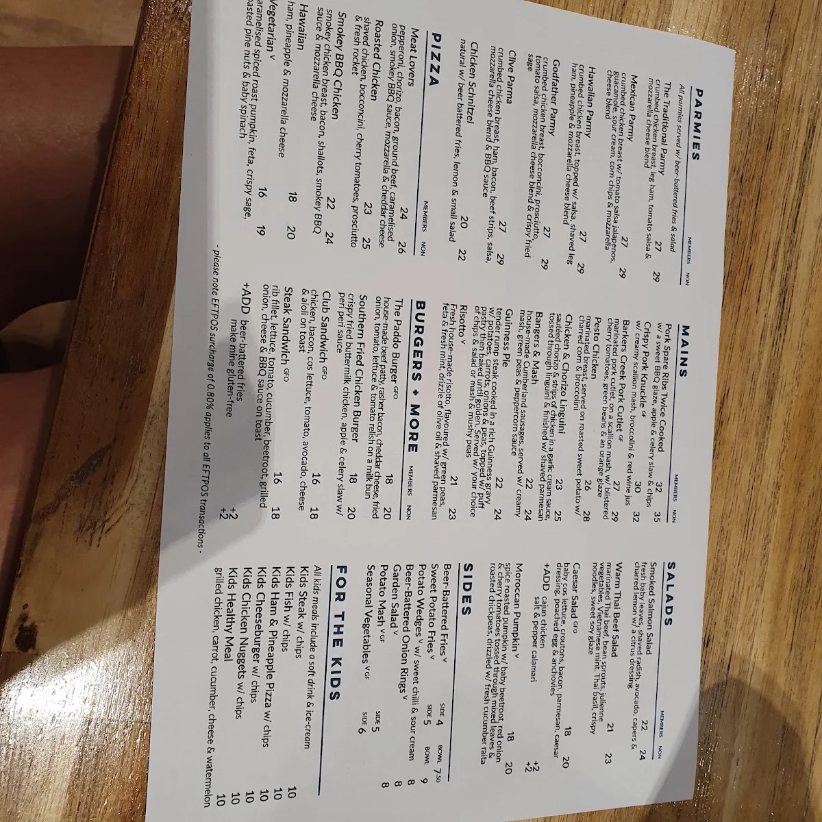 Menu, The Paddo