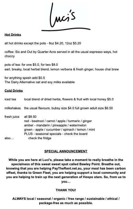 Menu, Luci's