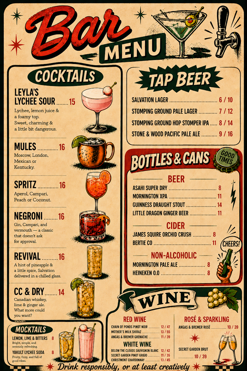 Menu, Salvation Bar