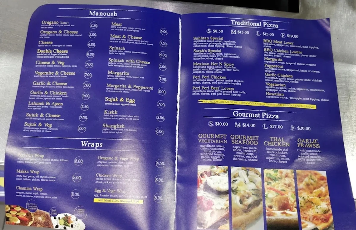 Menu, Suhhtan bakery Bankstown - Halal Manoush and Pizzas