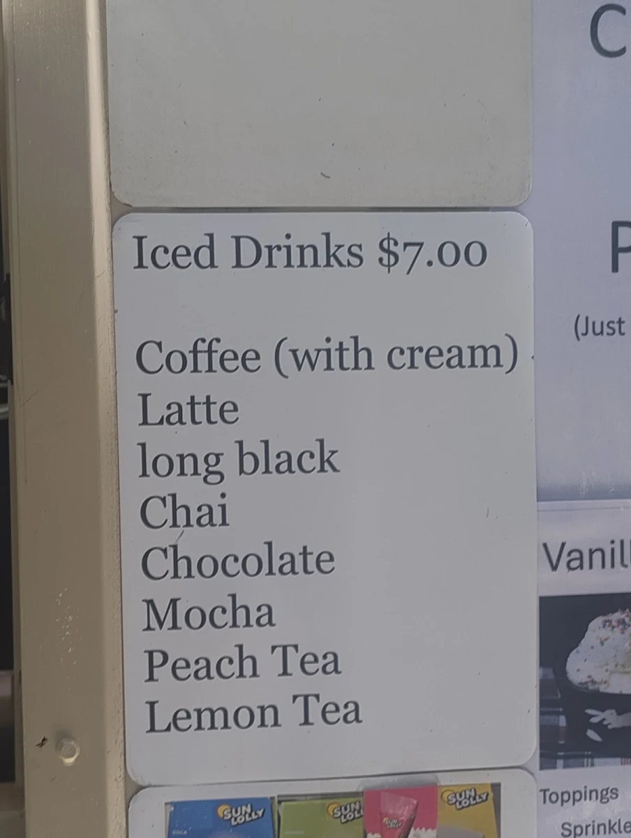 Menu, Sheena’s coffee kiosk