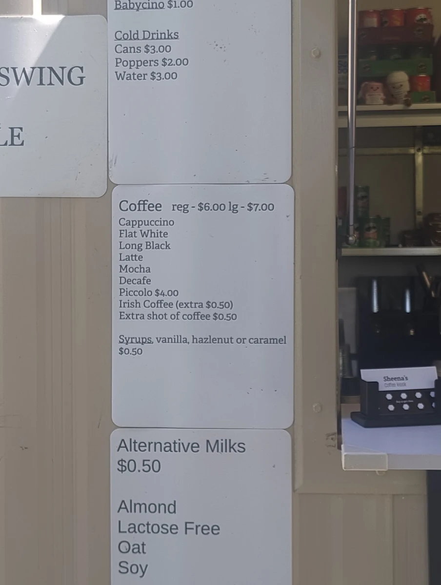 Menu, Sheena’s coffee kiosk