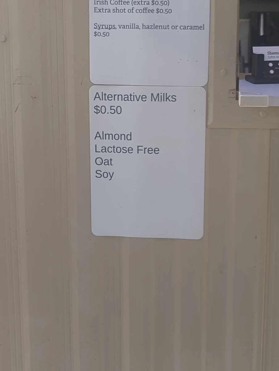 Menu, Sheena’s coffee kiosk