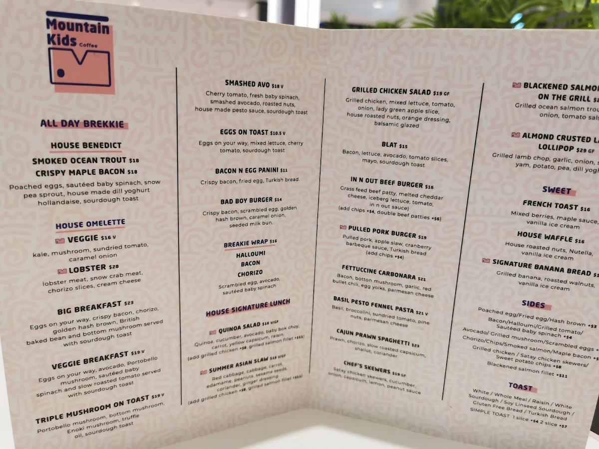 Menu, Mountain Kids Cafe