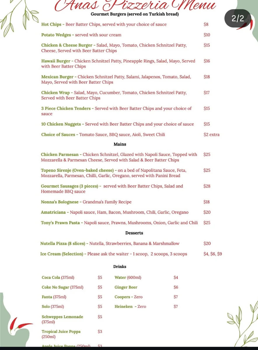 Menu, Ana's Pizzeria