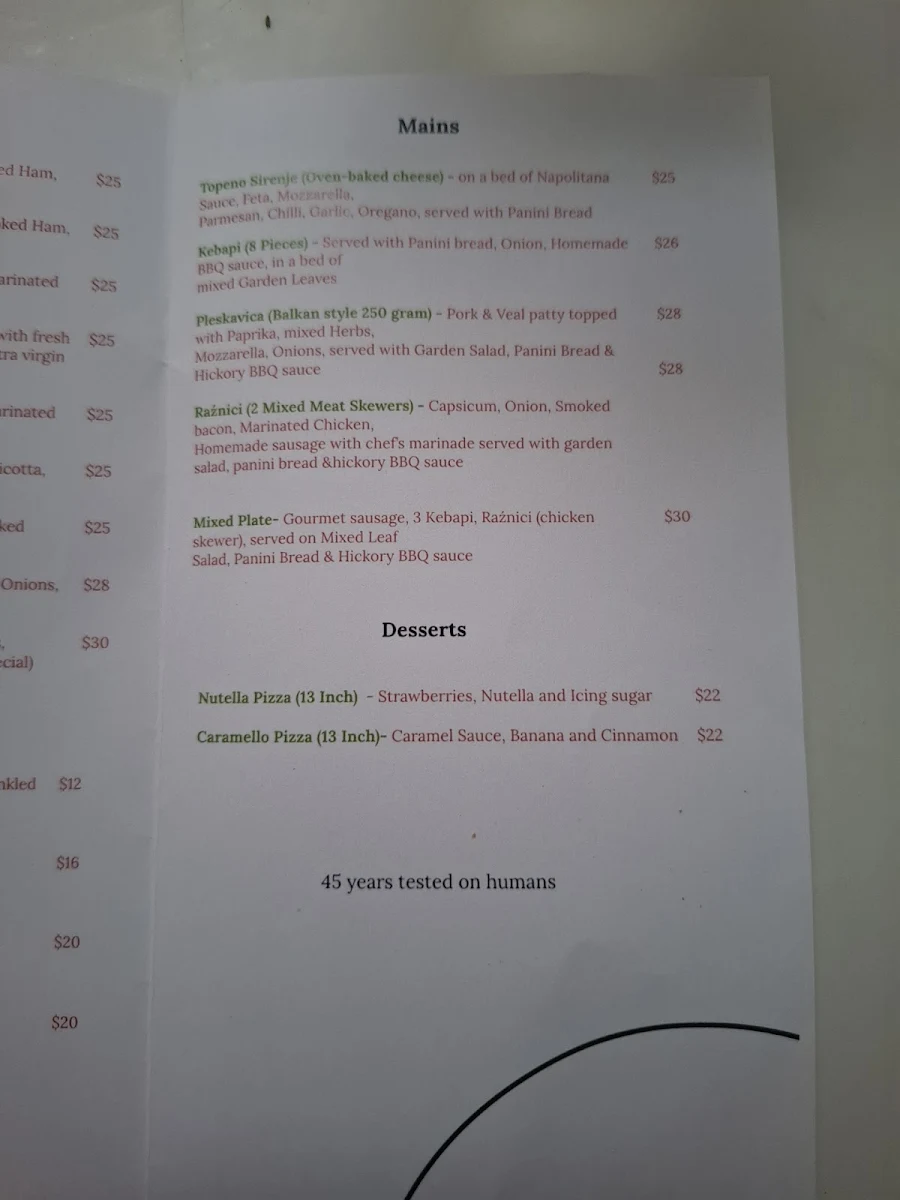 Menu, Ana's Pizzeria