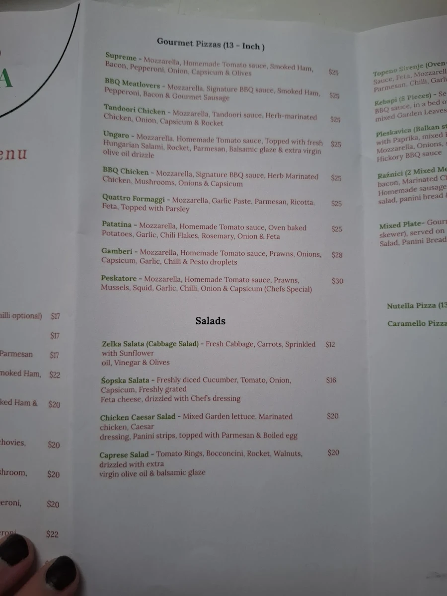 Menu, Ana's Pizzeria