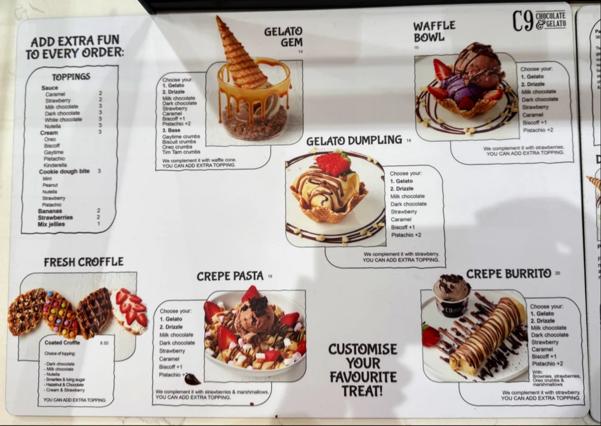 Menu, C9 Chocolate & Gelato Shellharbour