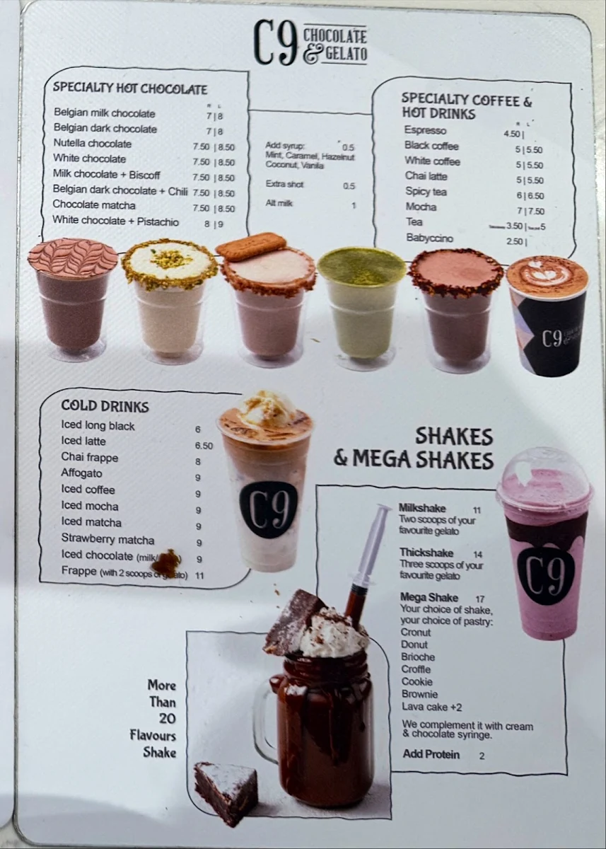 Menu, C9 Chocolate & Gelato Shellharbour