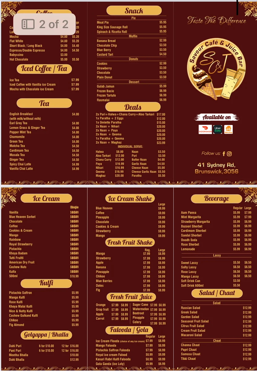 Menu, Savour cafe’ and juice bar