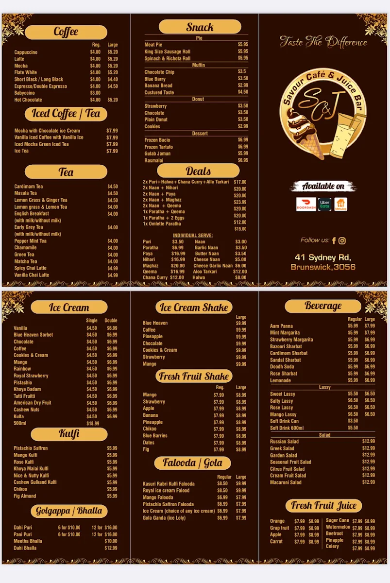 Menu, Savour cafe’ and juice bar