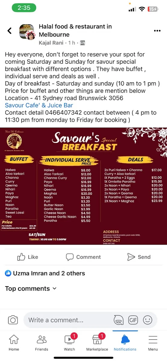 Menu, Savour cafe’ and juice bar