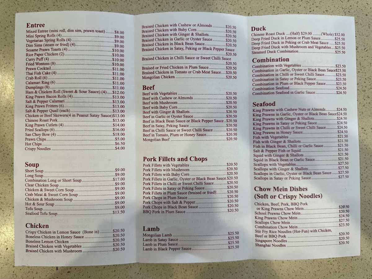 Menu, Long Jetty Chinese Restaurant