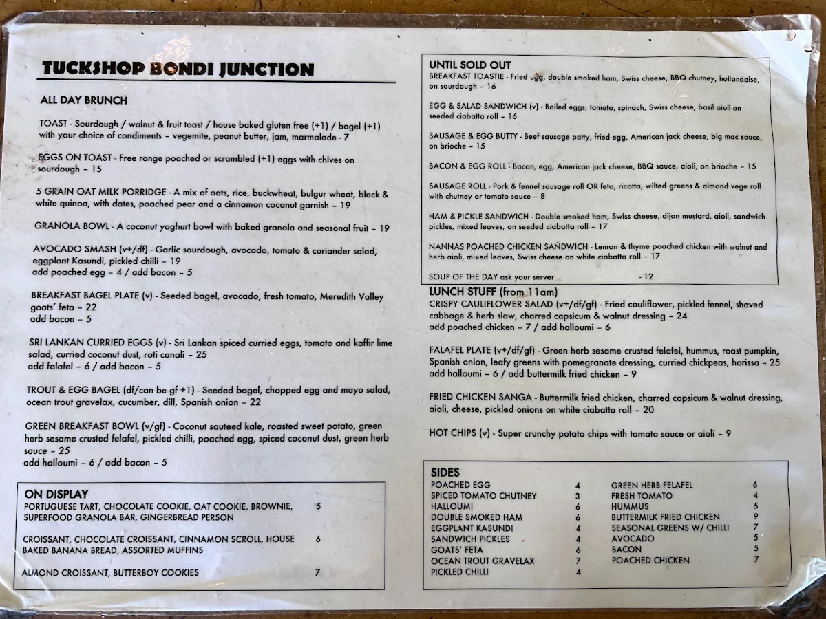 Menu, Tuckshop Bondi Junction