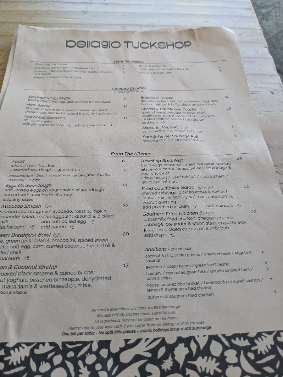 Menu, Tuckshop Bondi Junction