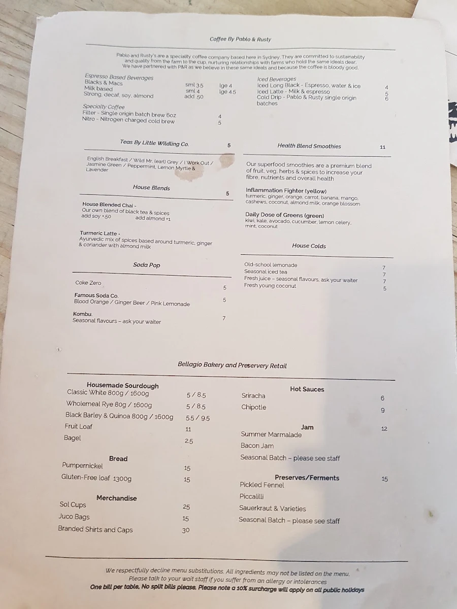 Menu, Tuckshop Bondi Junction
