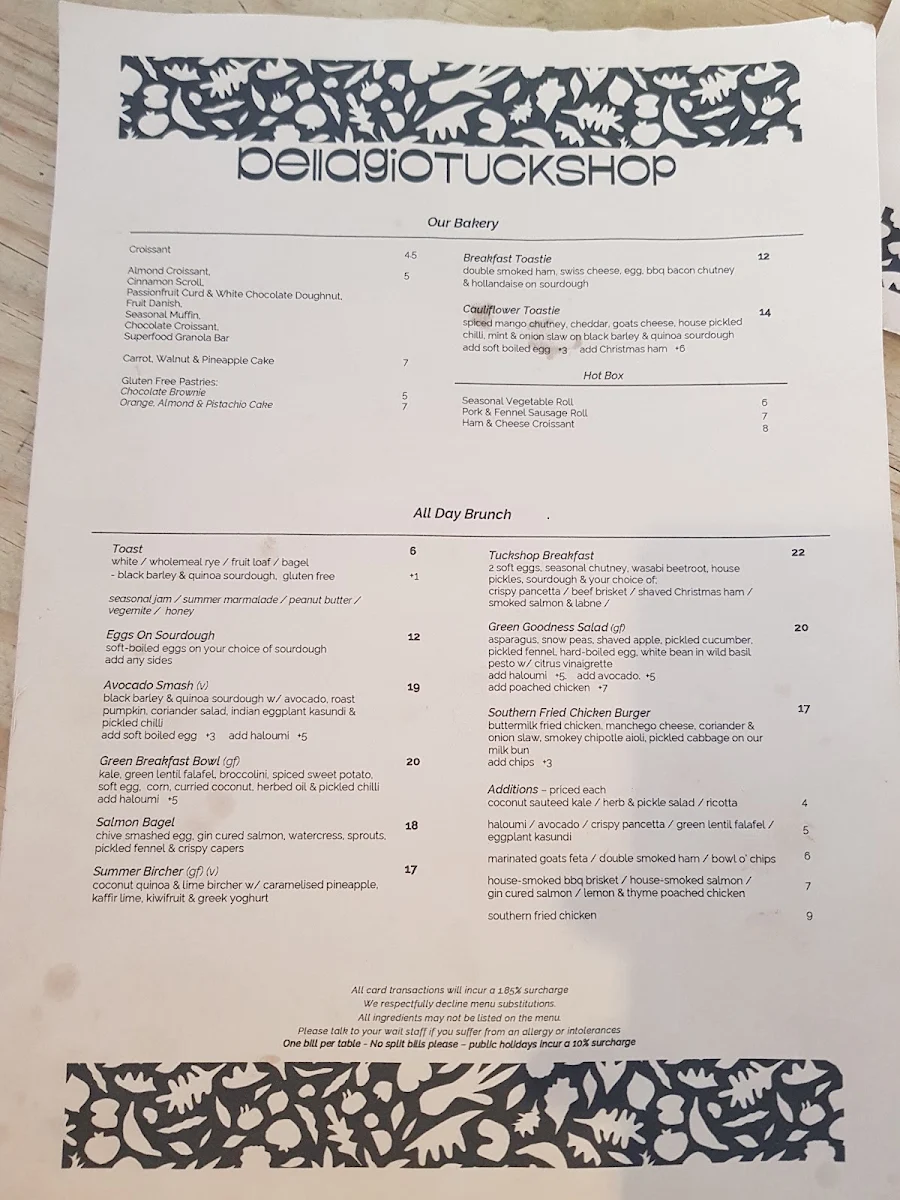 Menu, Tuckshop Bondi Junction