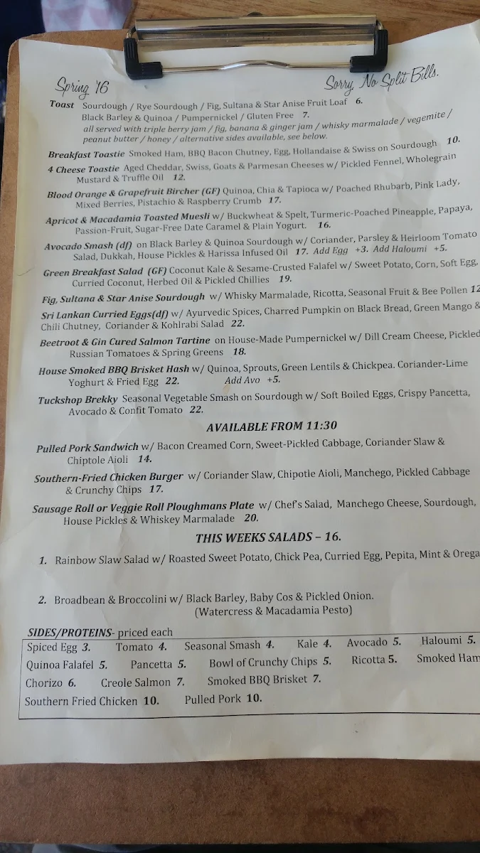 Menu, Tuckshop Bondi Junction
