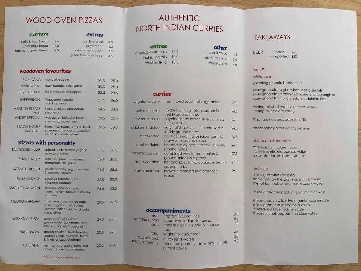 Menu, Beach House Cafe
