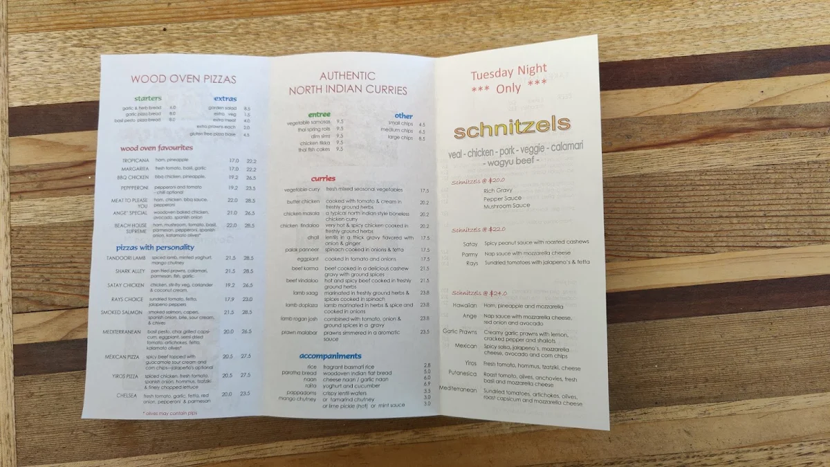 Menu, Beach House Cafe