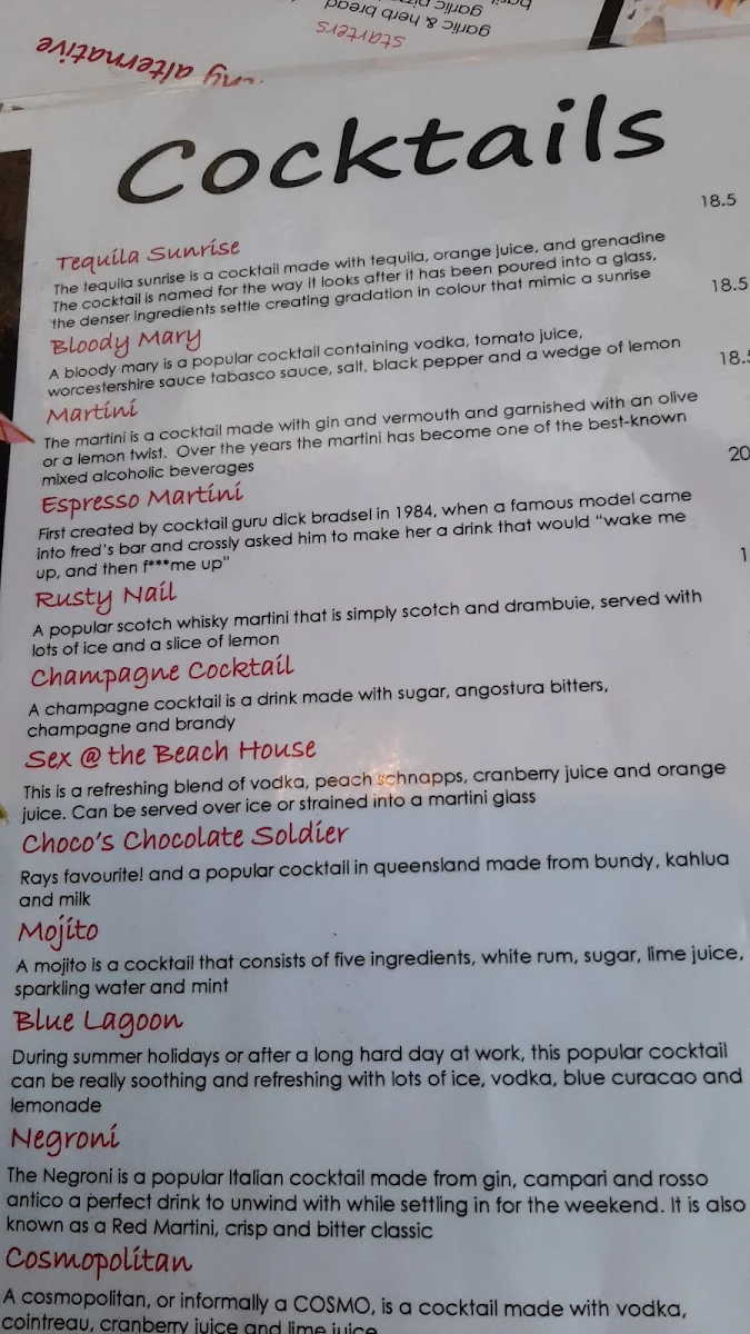 Menu, Beach House Cafe