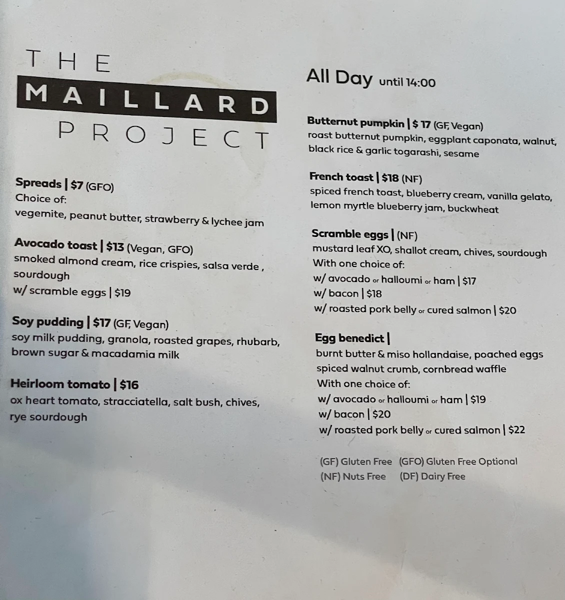 Menu, The Maillard Project