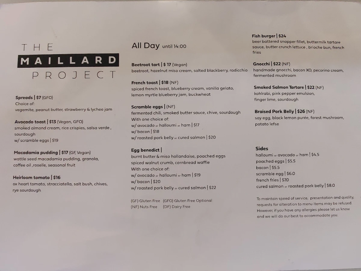 Menu, The Maillard Project