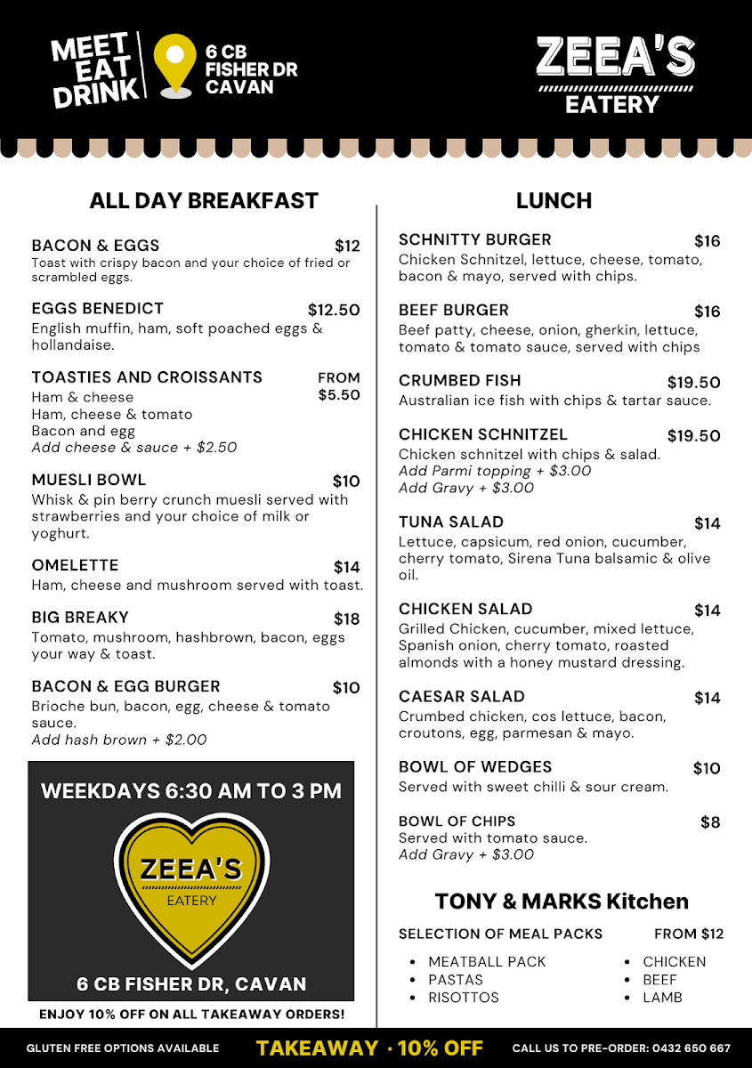 Menu, Zeea's Eatery