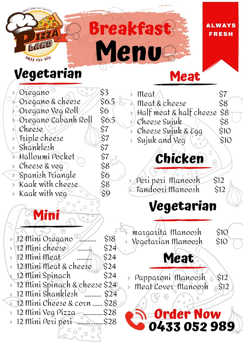 Menu, Pizzaland lakemba