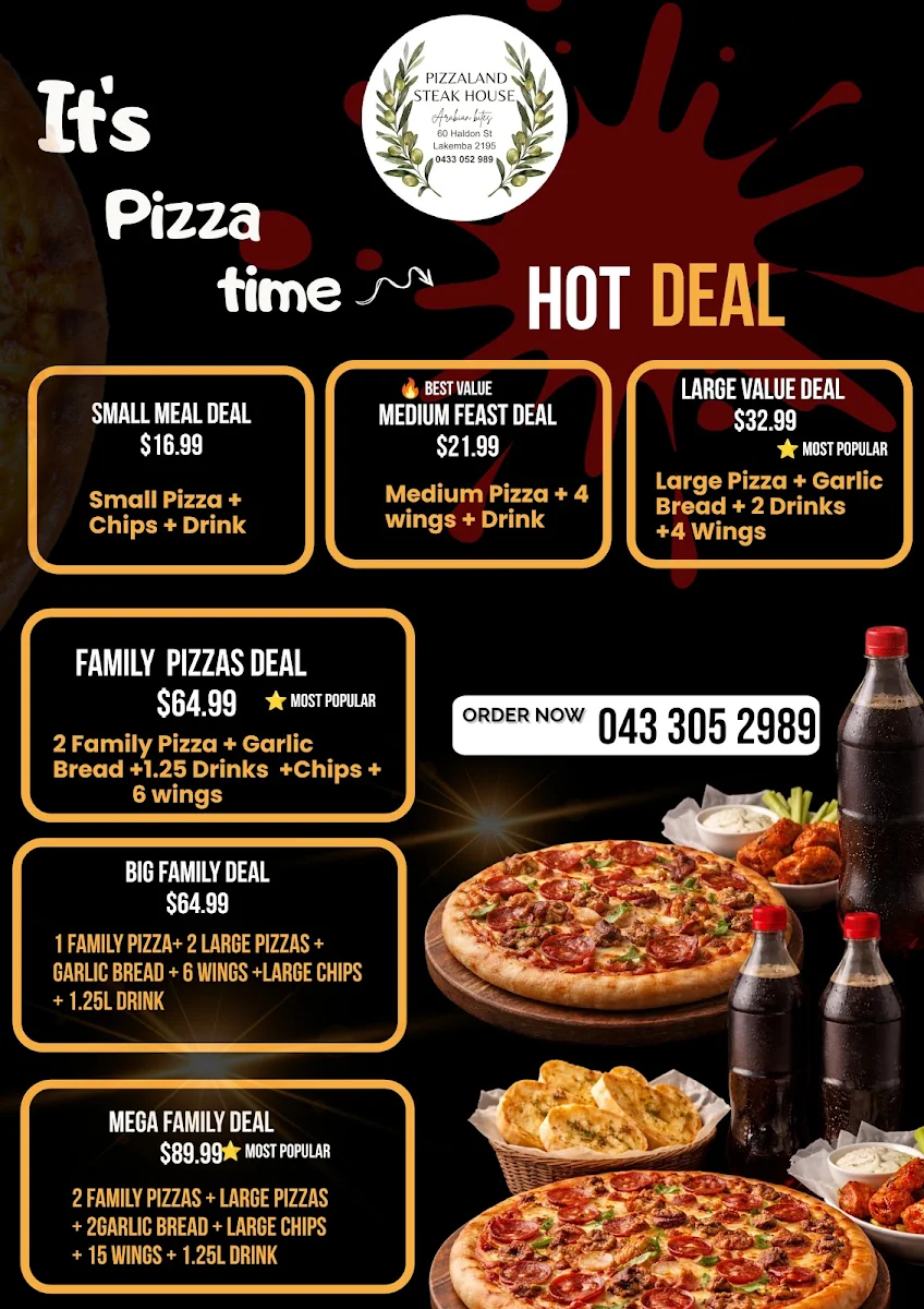 Menu, Pizzaland lakemba