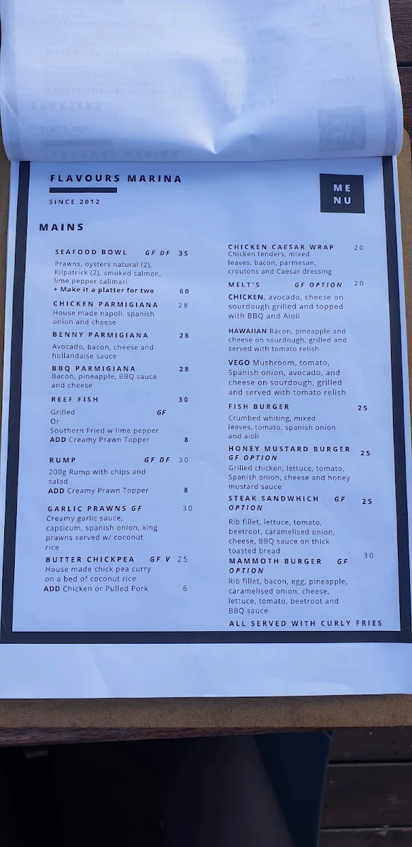 Menu, Flavours Marina, Gladstone