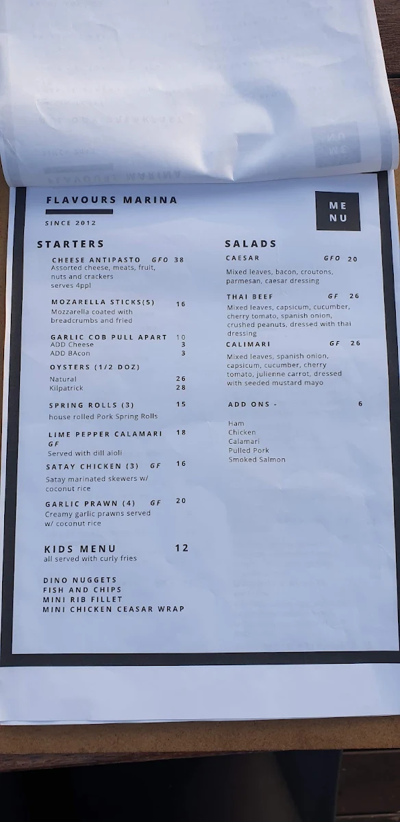 Menu, Flavours Marina, Gladstone