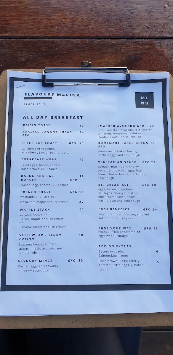 Menu, Flavours Marina, Gladstone